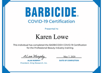 Karen Lowe of Karen's Beautiful Brides - Barbicide COVID-19 certificate for the professional beauty industry training